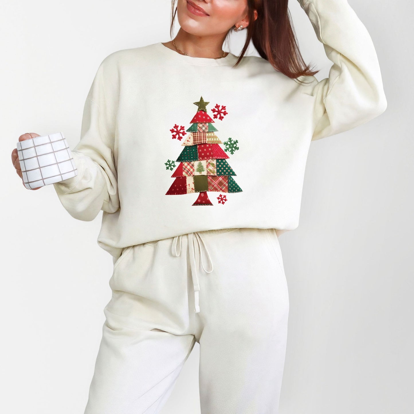 Christmas Tree Patchwork Print - Women's Lightweight Garment Dyed Sweatshirt