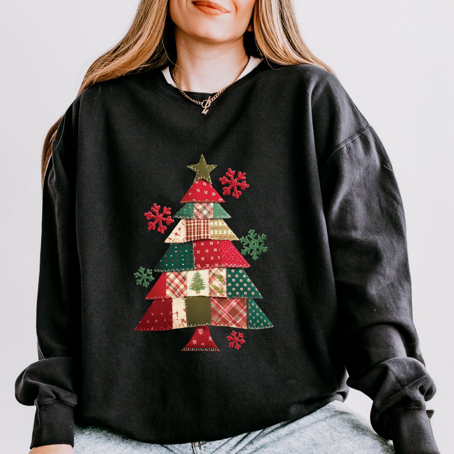Christmas Tree Patchwork Print - Women's Lightweight Garment Dyed Sweatshirt