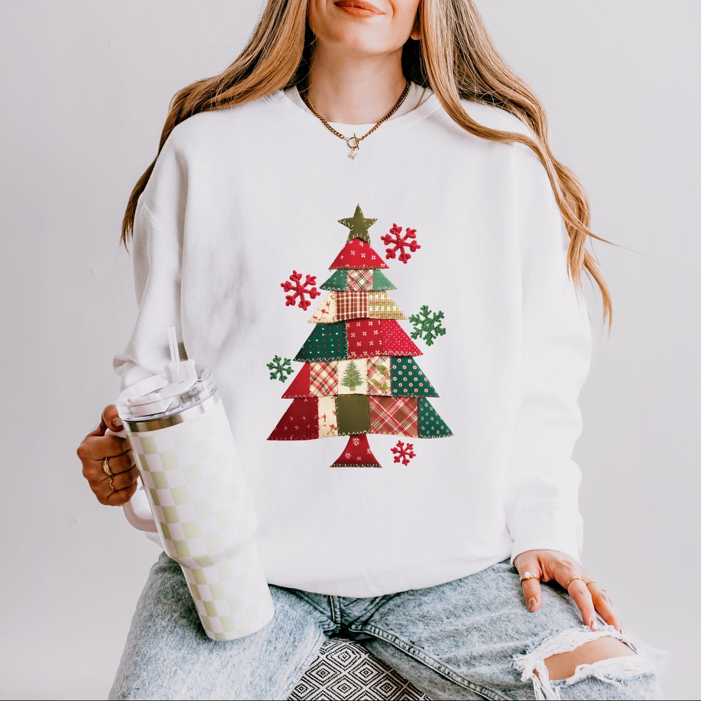 Christmas Tree Patchwork Print - Women's Lightweight Garment Dyed Sweatshirt