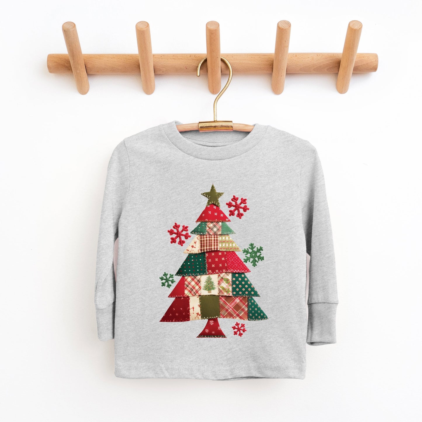 Christmas Tree Patchwork Print - Youth Long Sleeve Graphic T-Shirt