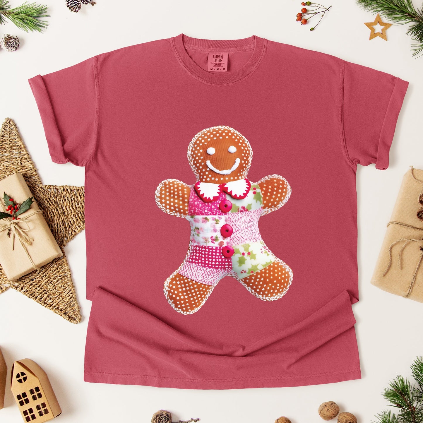 Gingerbread Polka Dot Patchwork Print - Women's Garment Dyed Graphic T-Shirt