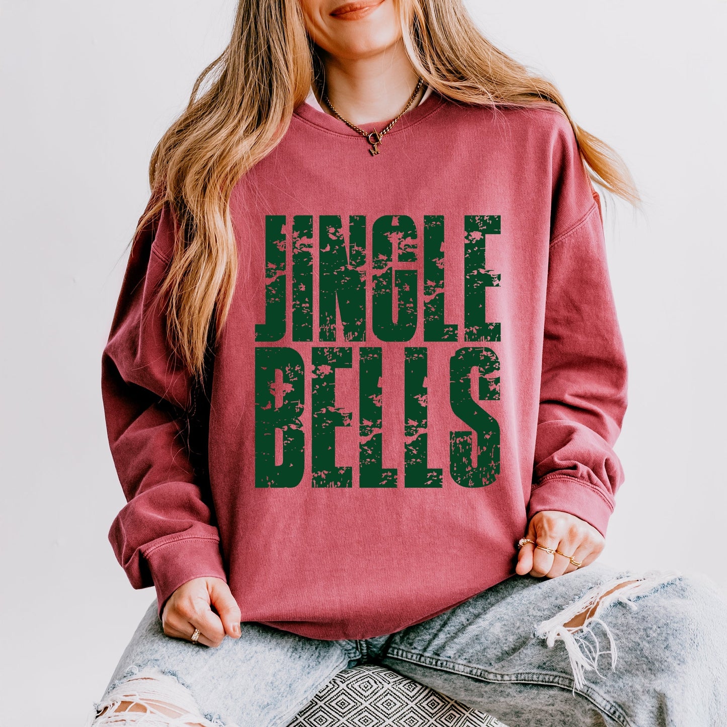 Jingle Bells Block Distressed - Women's Lightweight Garment Dyed Sweatshirt