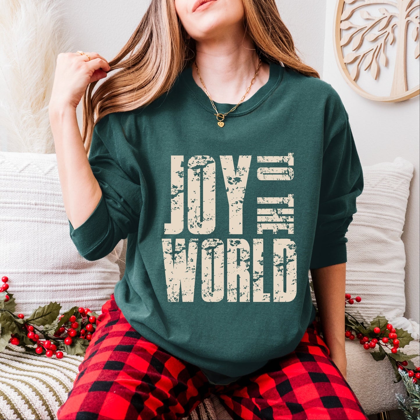 Joy To The World Block Distressed - Women's Garment Dyed Long Sleeve Graphic T-Shirt
