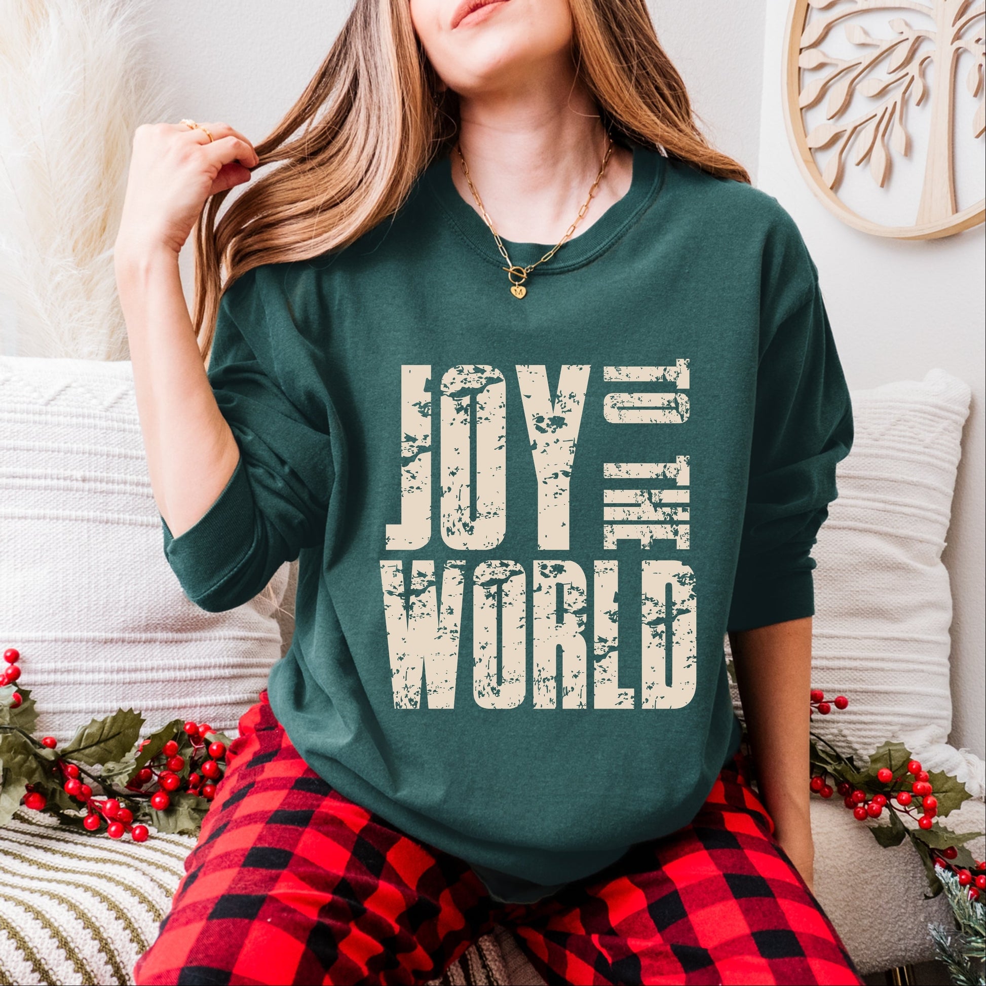 Joy To The World Block Distressed - Women's Garment Dyed Long Sleeve Graphic T-Shirt