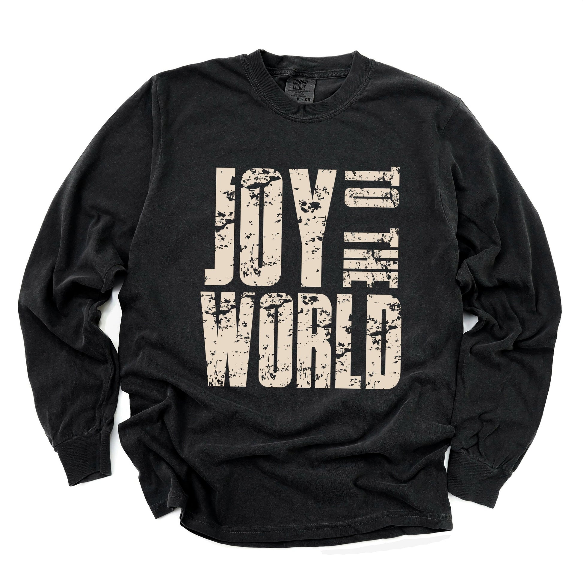 Joy To The World Block Distressed - Women's Garment Dyed Long Sleeve Graphic T-Shirt