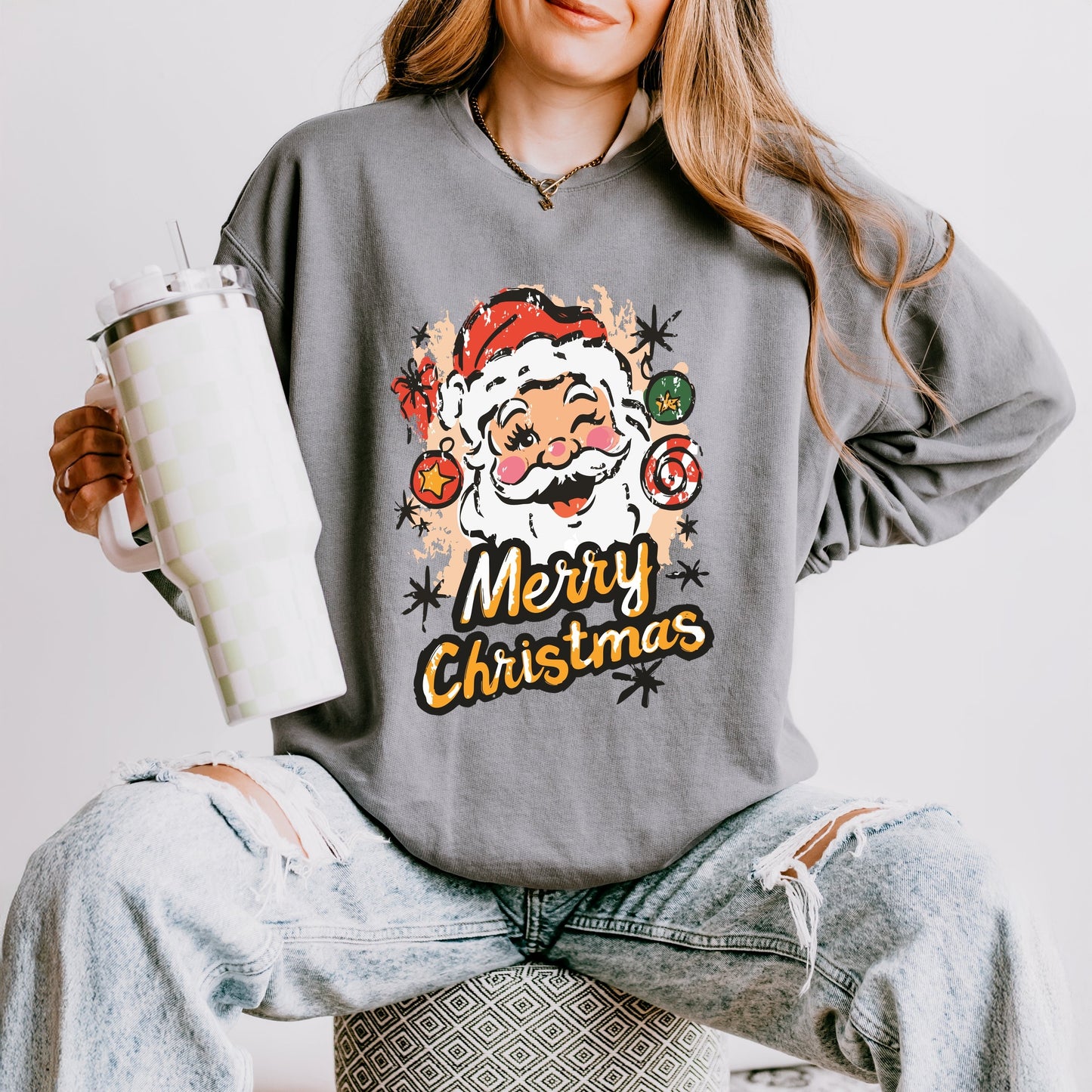 Merry Christmas Santa Wink - Women's Lightweight Garment Dyed Sweatshirt