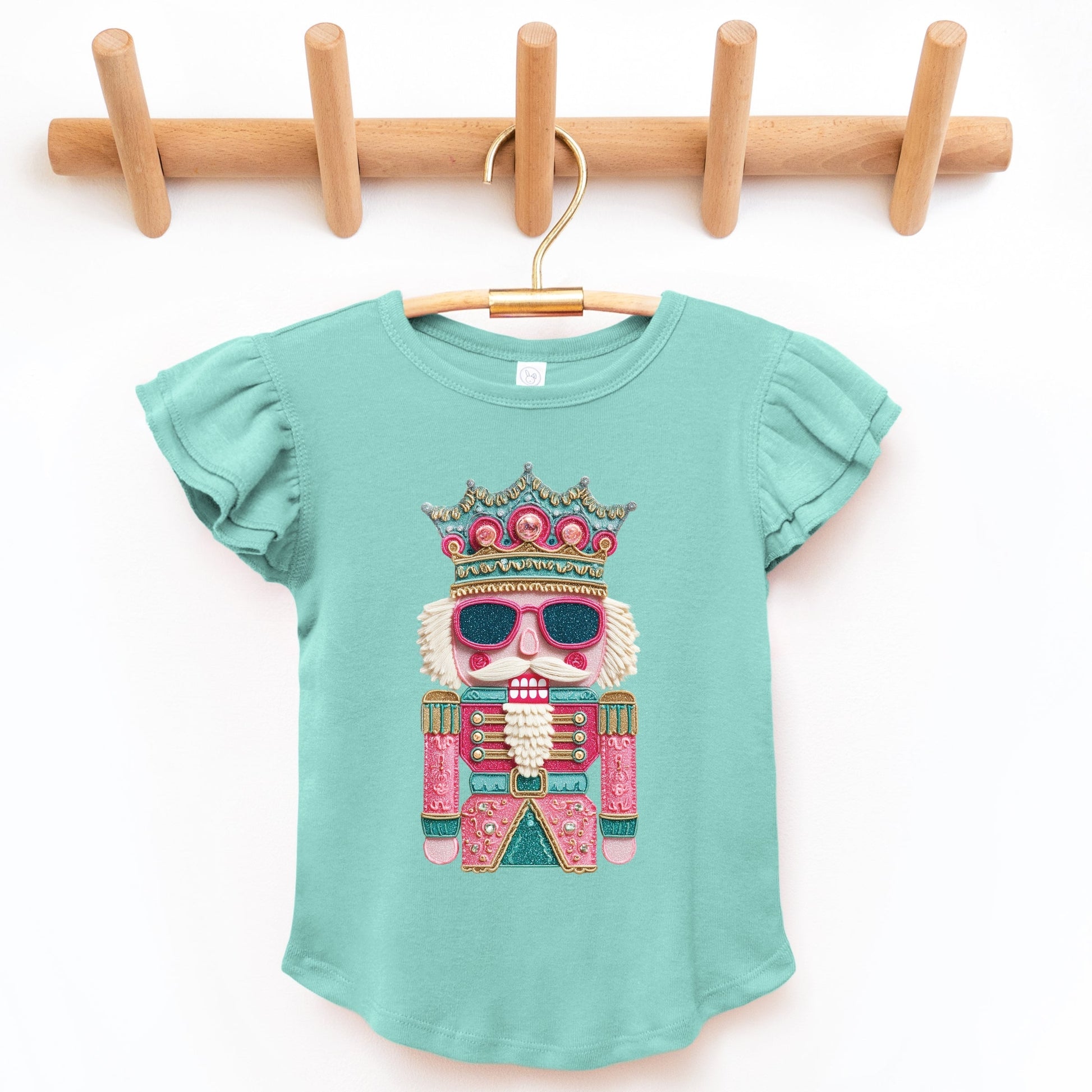 Pink and Teal Nutcracker Patchwork Print - Flutter Sleeve Graphic T-Shirt