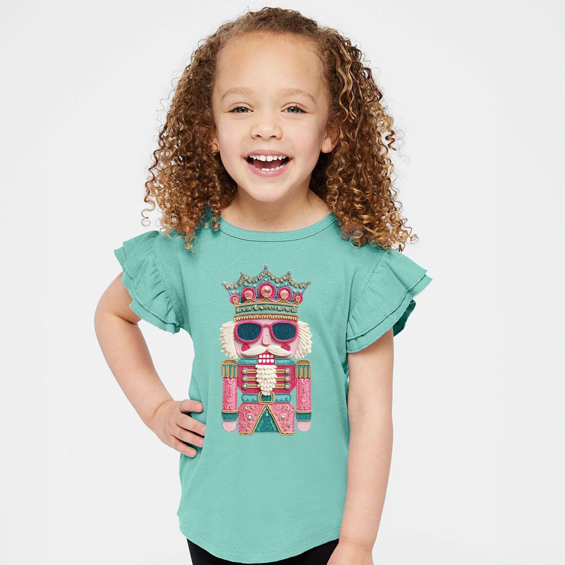 Pink and Teal Nutcracker Patchwork Print - Flutter Sleeve Graphic T-Shirt