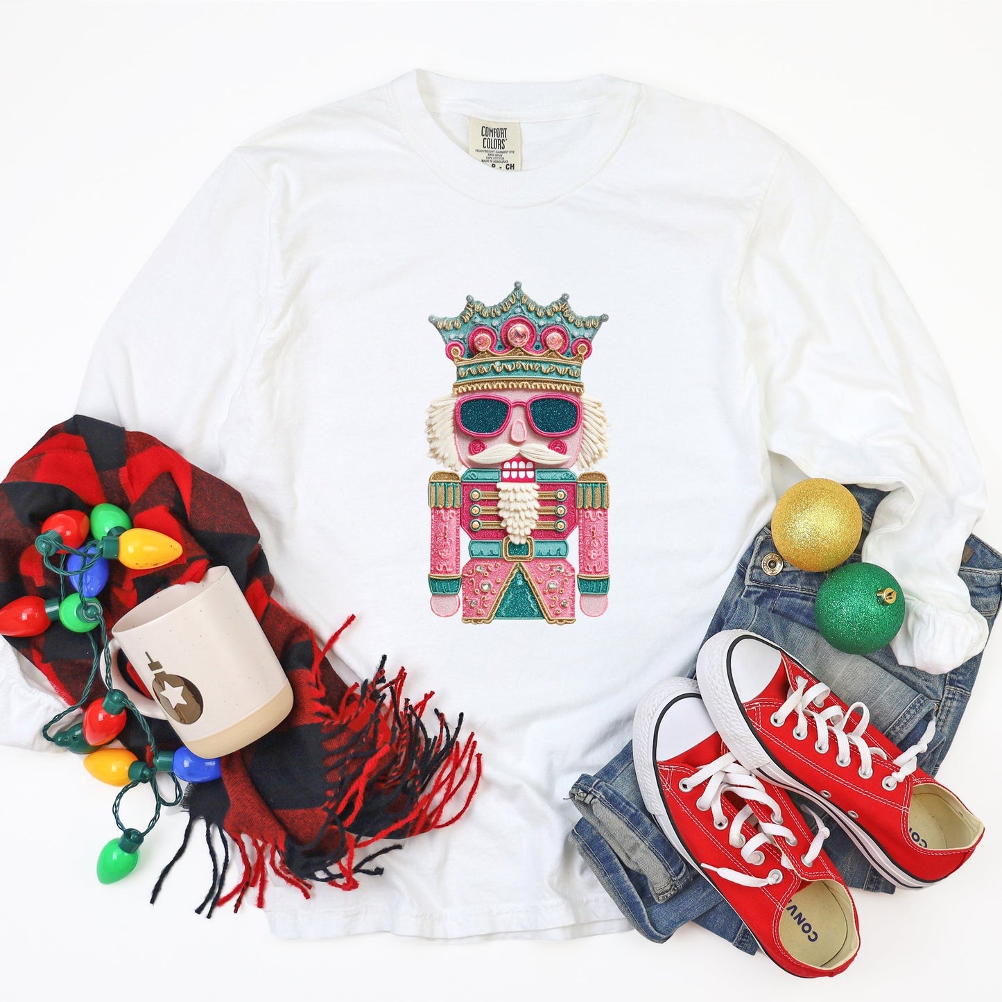 Pink and Teal Nutcracker Patchwork Print - Women's Garment Dyed Long Sleeve Graphic T-Shirt