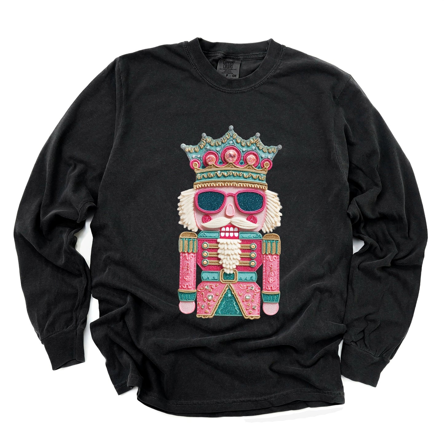 Pink and Teal Nutcracker Patchwork Print - Women's Garment Dyed Long Sleeve Graphic T-Shirt