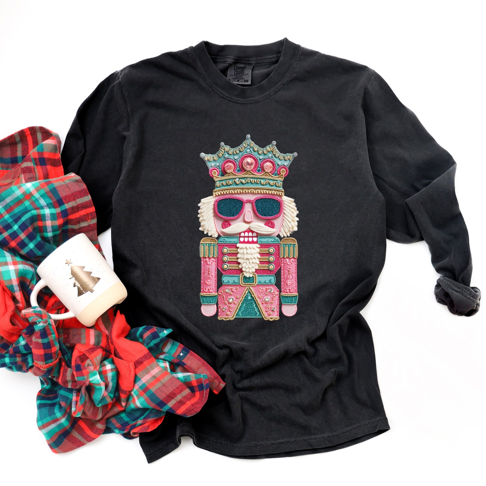 Pink and Teal Nutcracker Patchwork Print - Women's Garment Dyed Long Sleeve Graphic T-Shirt