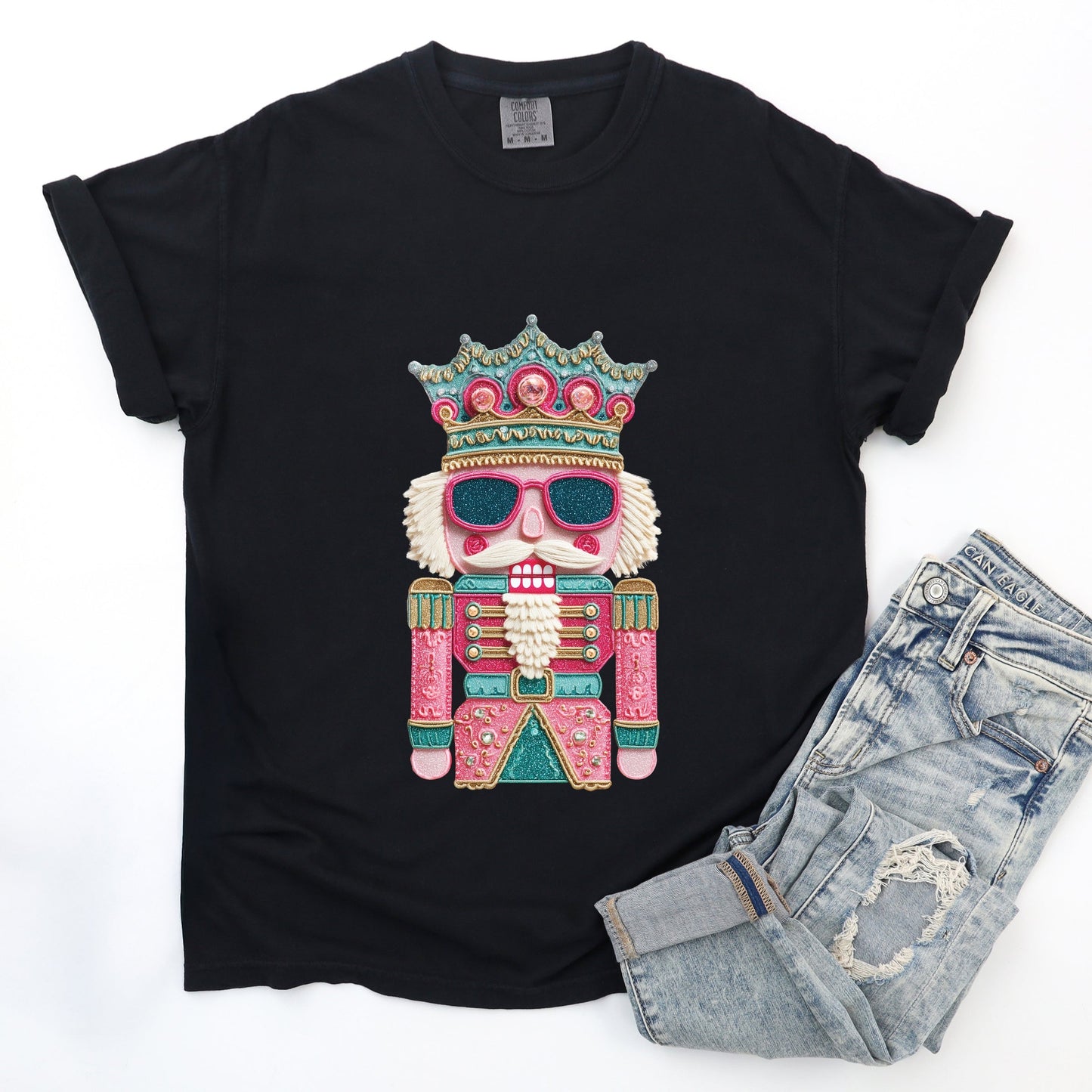 Pink and Teal Nutcracker Patchwork Print - Women's Garment Dyed Graphic T-Shirt