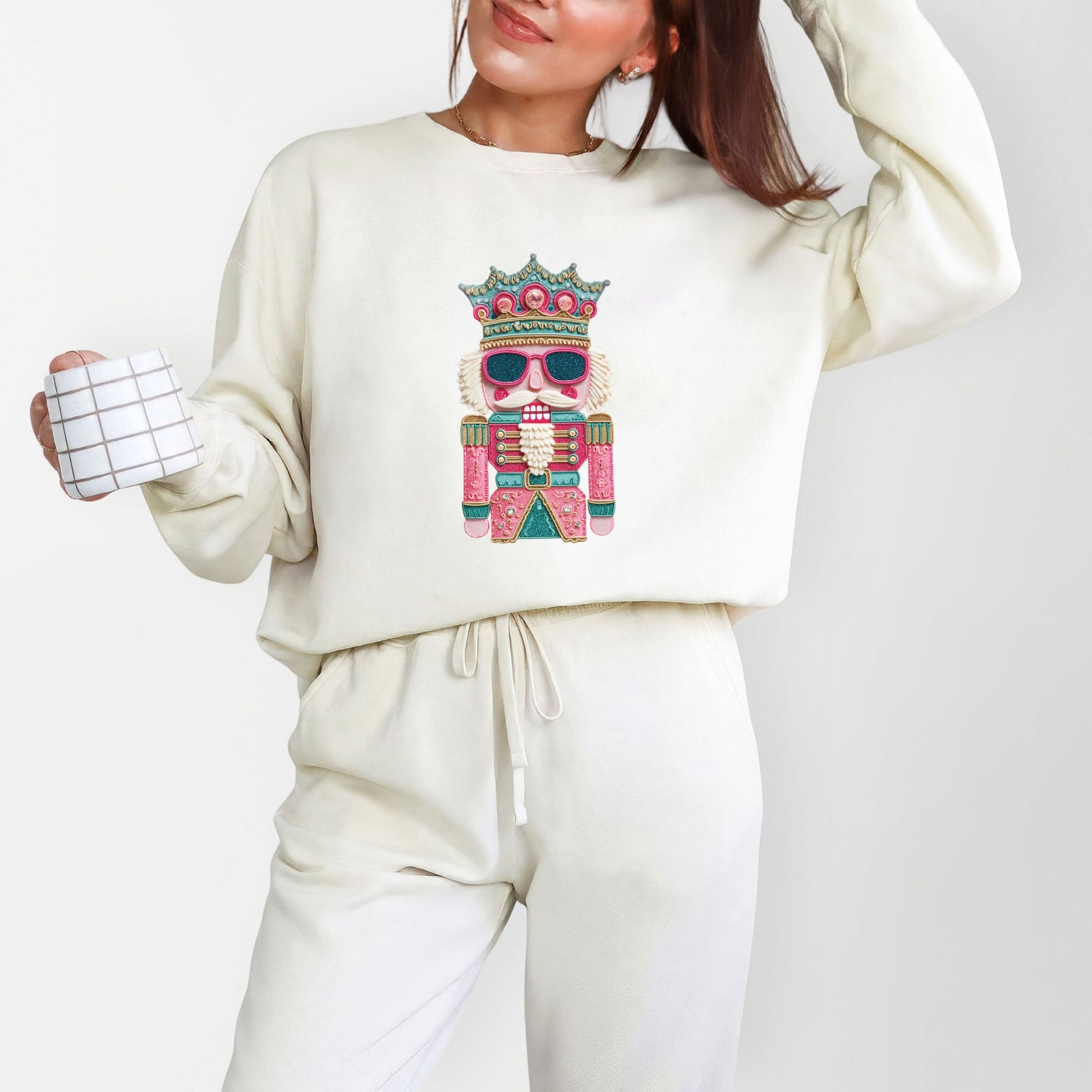 Pink and Teal Nutcracker Patchwork Print - Women's Lightweight Garment Dyed Sweatshirt