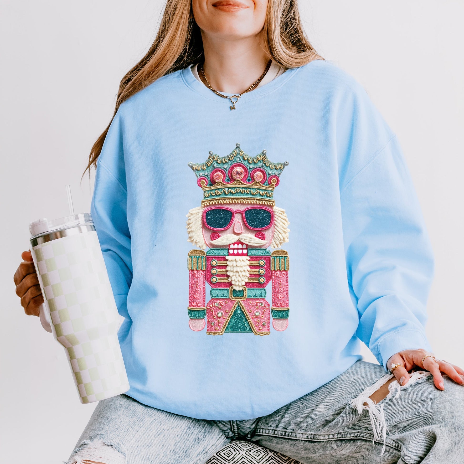 Pink and Teal Nutcracker Patchwork Print - Women's Lightweight Garment Dyed Sweatshirt