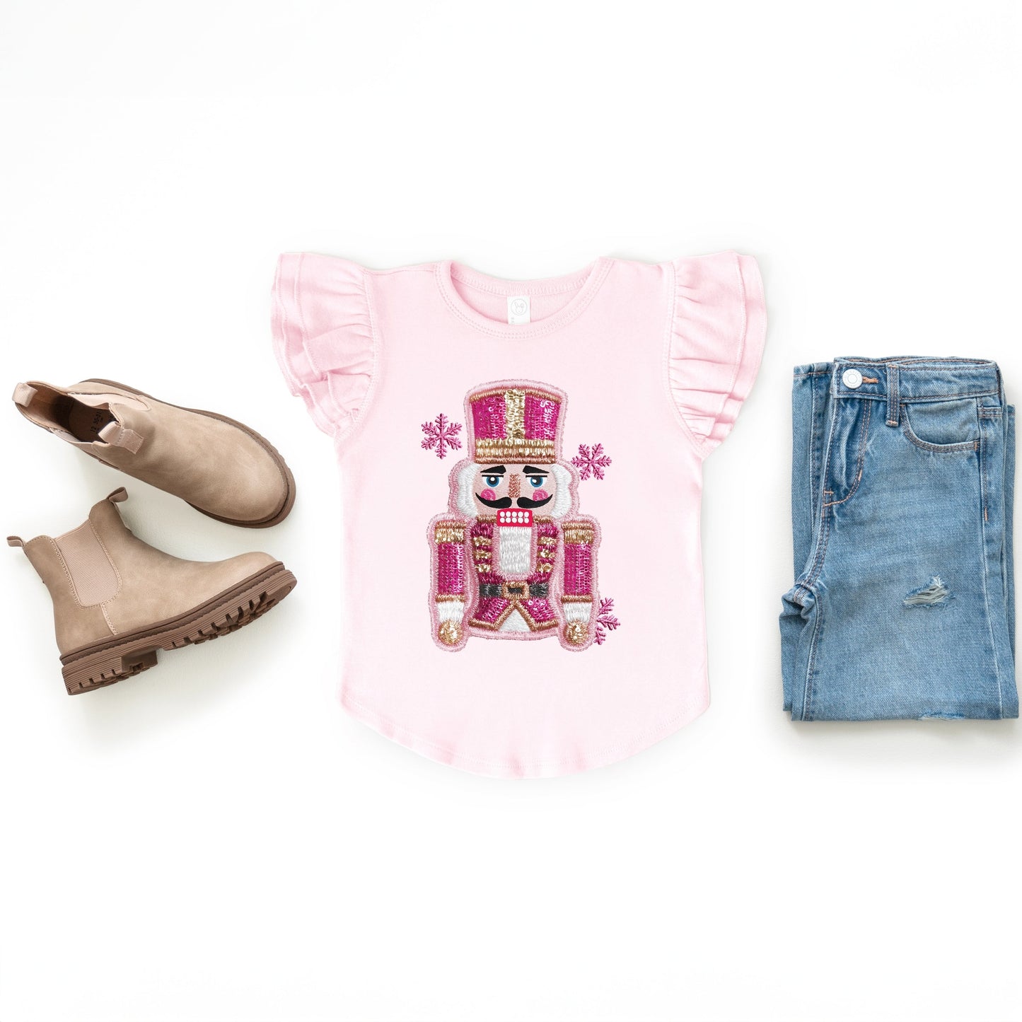 Pink Snowflake Nutcracker Patchwork Print - Flutter Sleeve Graphic T-Shirt