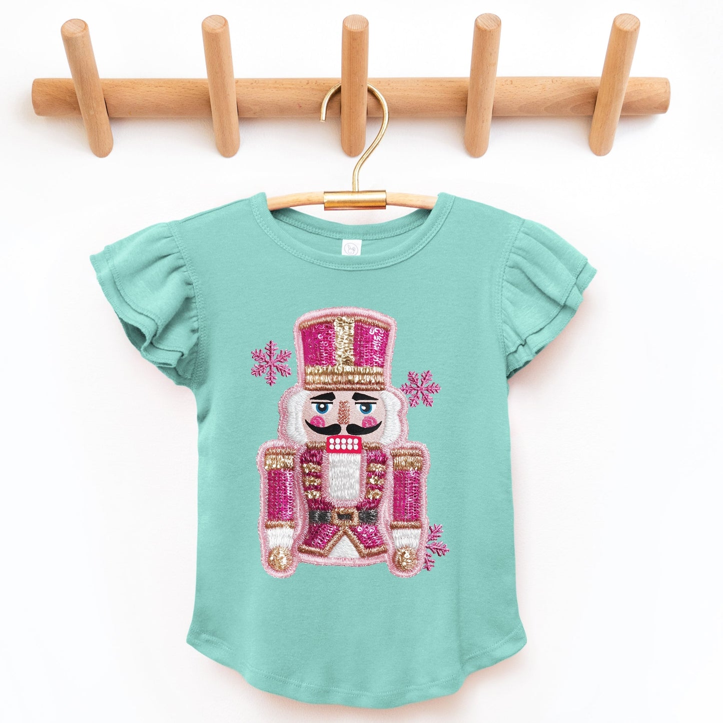 Pink Snowflake Nutcracker Patchwork Print - Flutter Sleeve Graphic T-Shirt