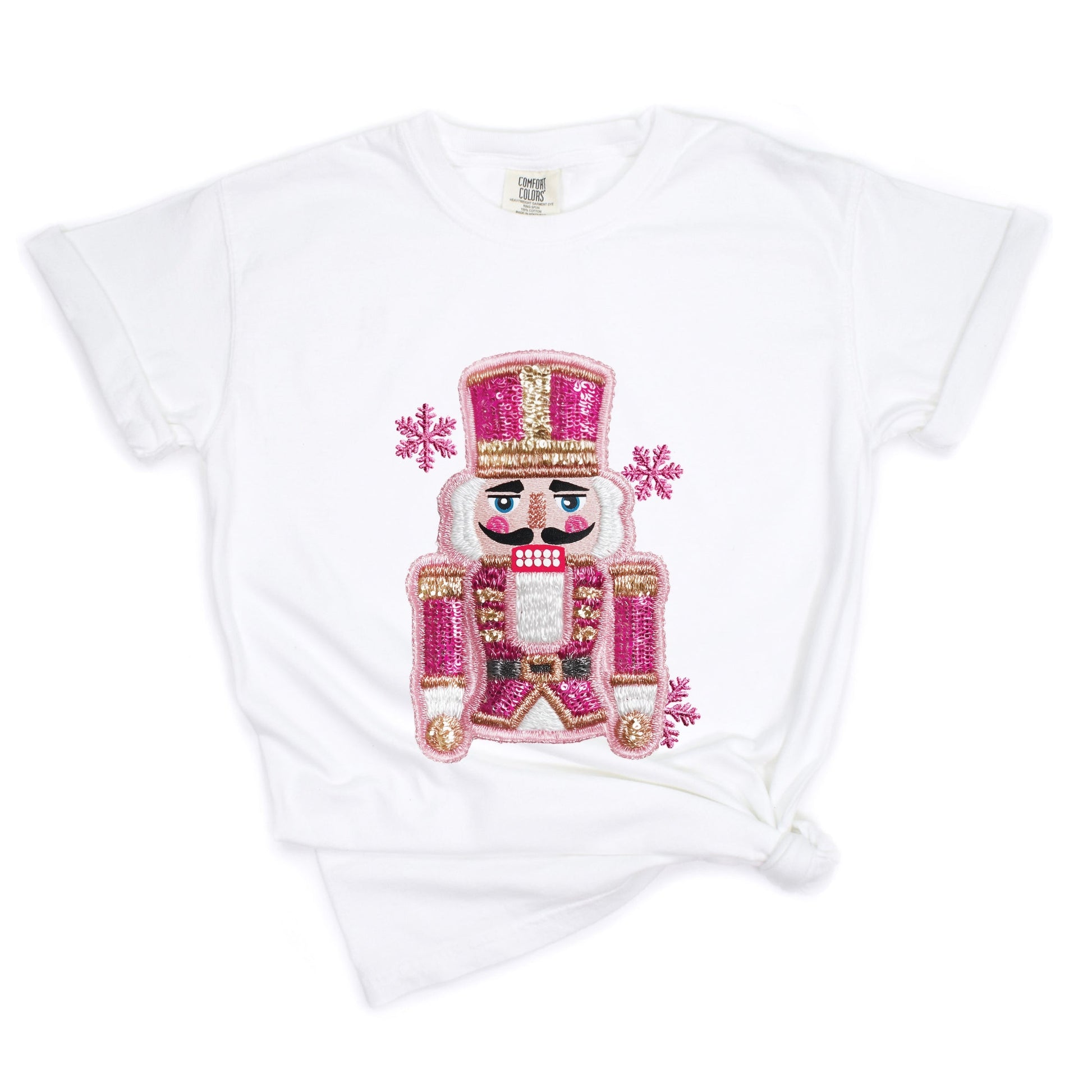 Pink Snowflake Nutcracker Patchwork Print - Women's Garment Dyed Graphic T-Shirt