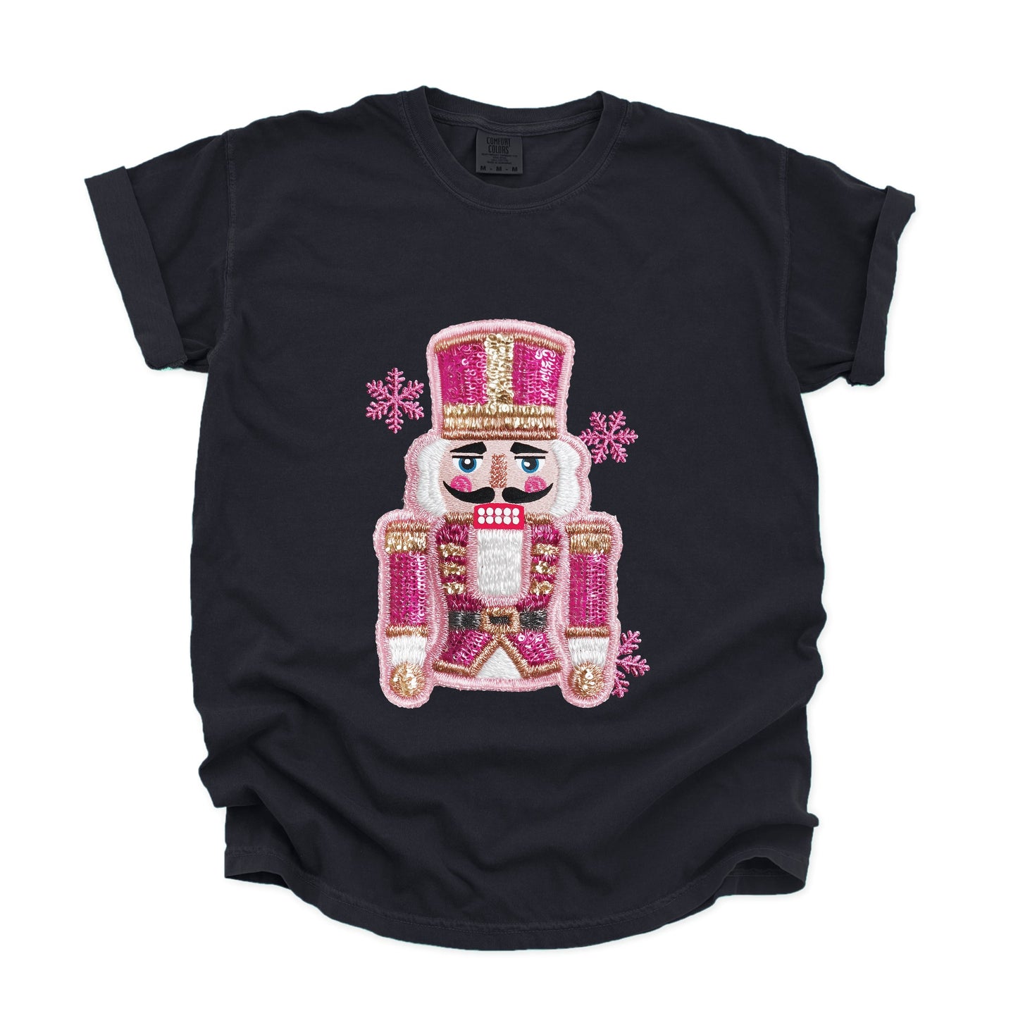 Pink Snowflake Nutcracker Patchwork Print - Women's Garment Dyed Graphic T-Shirt
