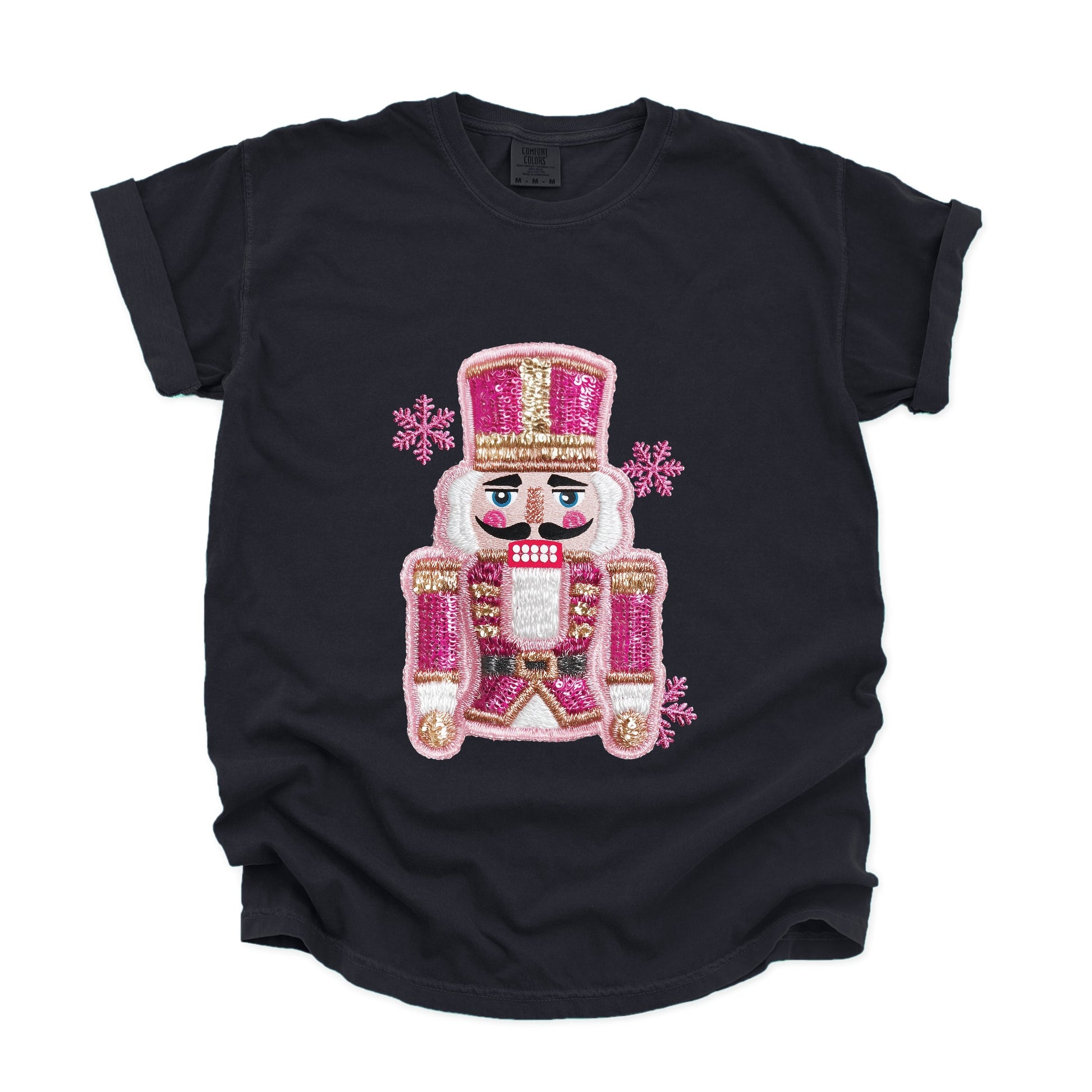 Pink Snowflake Nutcracker Patchwork Print - Women's Garment Dyed Graphic T-Shirt