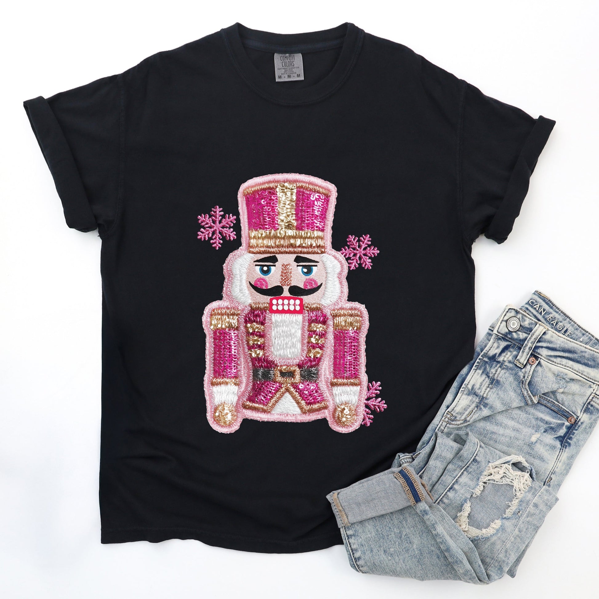 Pink Snowflake Nutcracker Patchwork Print - Women's Garment Dyed Graphic T-Shirt