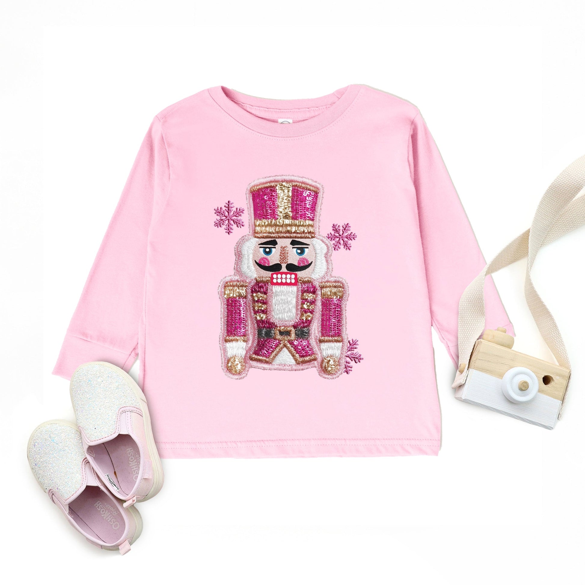 Pink Snowflake Nutcracker Patchwork Print - Toddler Long Sleeve Graphic Tee and Youth Long Sleeve Graphic T-Shirt