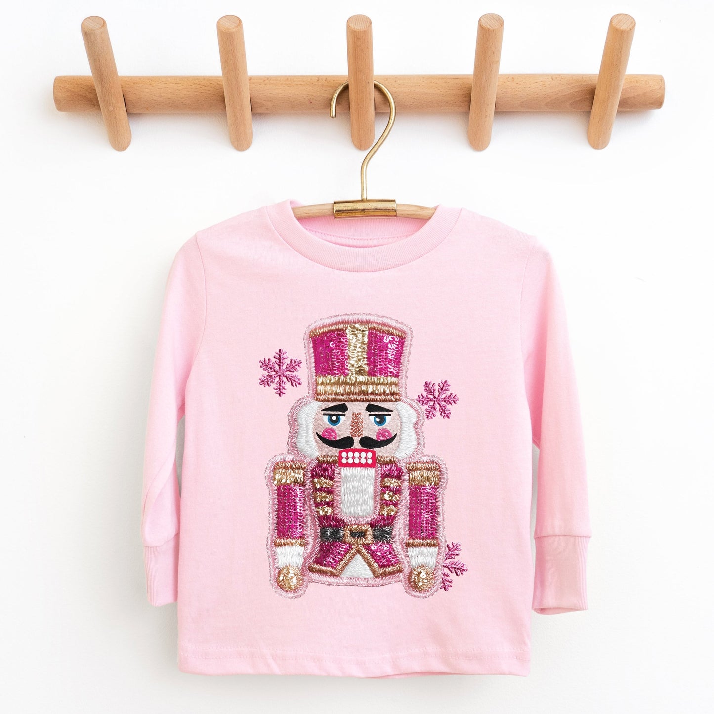 Pink Snowflake Nutcracker Patchwork Print - Toddler Long Sleeve Graphic Tee and Youth Long Sleeve Graphic T-Shirt
