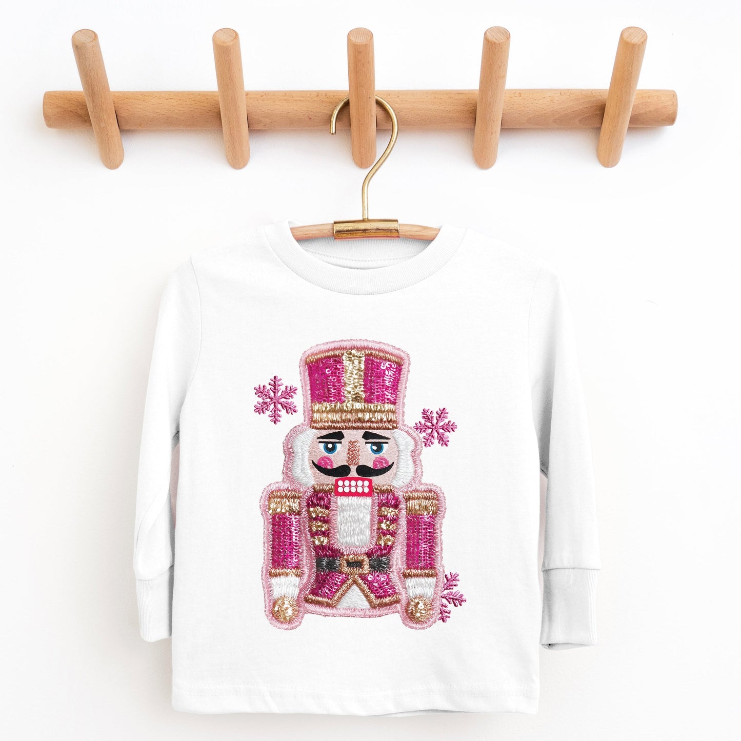 Pink Snowflake Nutcracker Patchwork Print - Toddler Long Sleeve Graphic Tee and Youth Long Sleeve Graphic T-Shirt