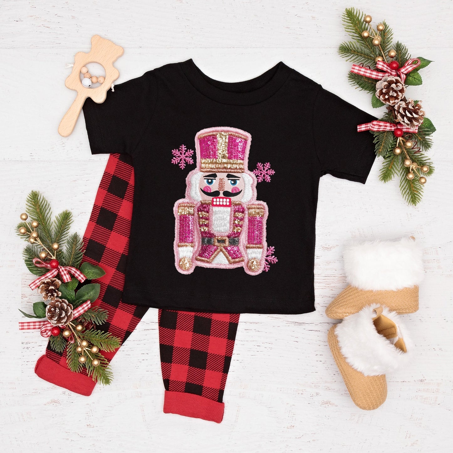 Pink Snowflake Nutcracker Patchwork Print - Youth Short Sleeve Graphic T-Shirt and Toddler Short Sleeve Graphic T-Shirt