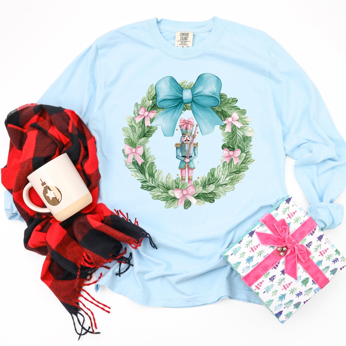 Nutcracker Wreath Coquette - Women's Garment Dyed Long Sleeve Graphic T-Shirt