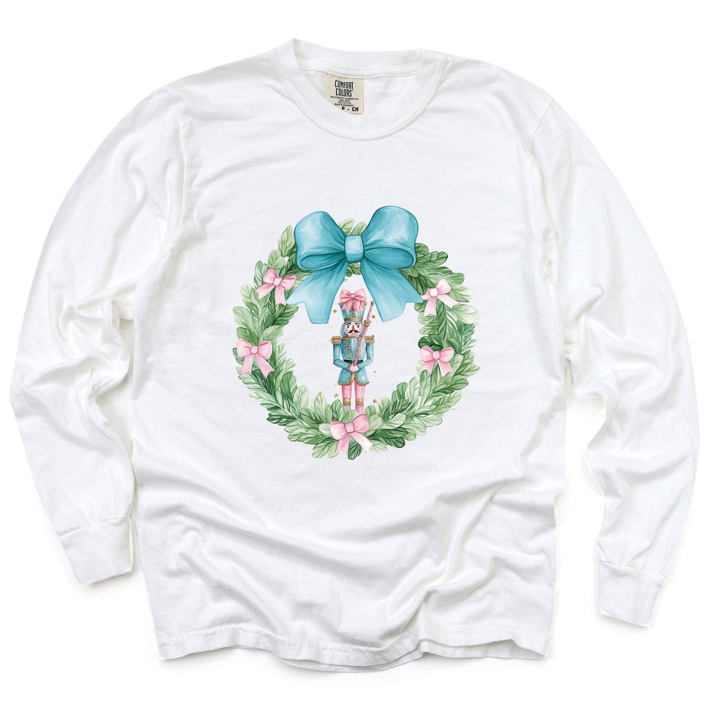 Nutcracker Wreath Coquette - Women's Garment Dyed Long Sleeve Graphic T-Shirt