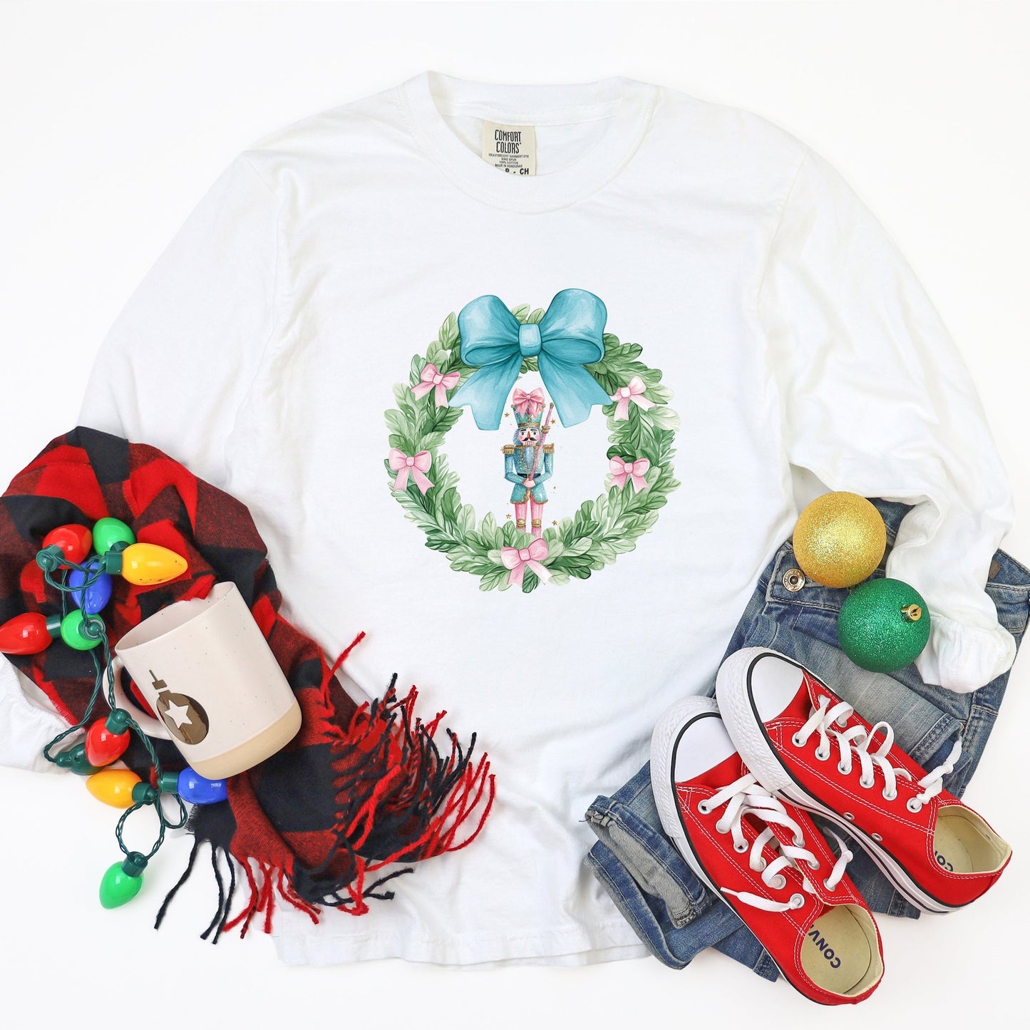 Nutcracker Wreath Coquette - Women's Garment Dyed Long Sleeve Graphic T-Shirt