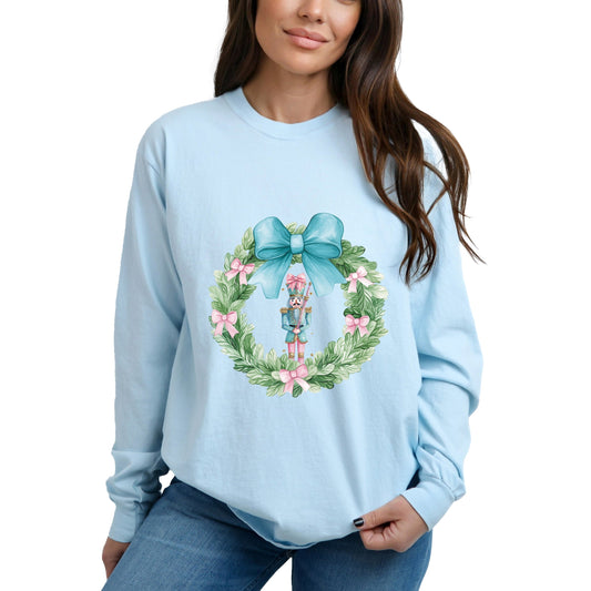 Nutcracker Wreath Coquette - Women's Garment Dyed Long Sleeve Graphic T-Shirt