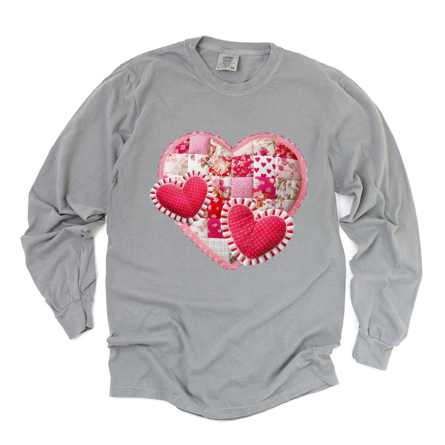 Hearts Patchwork Print - Women's Garment Dyed Long Sleeve Graphic T-Shirt