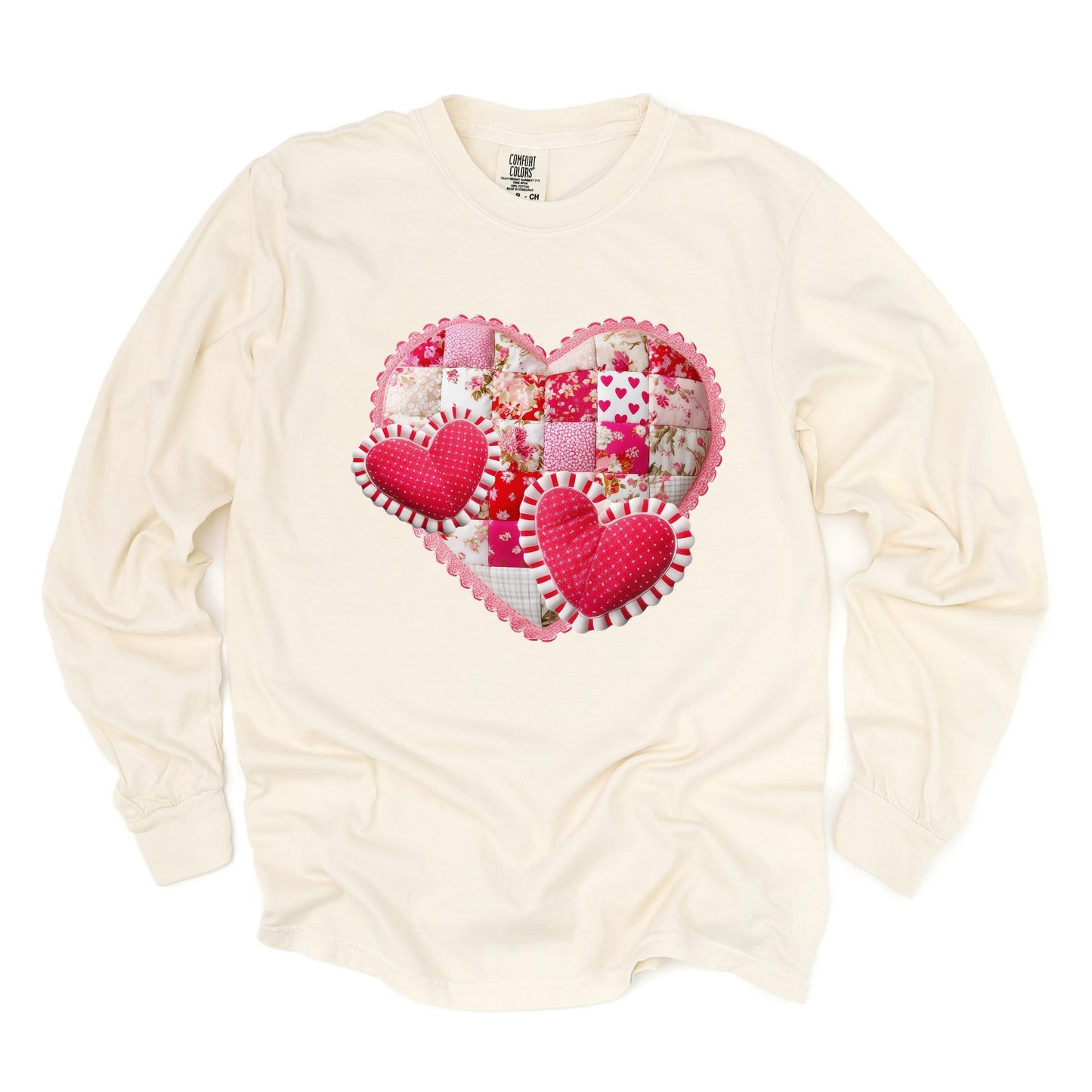 Hearts Patchwork Print - Women's Garment Dyed Long Sleeve Graphic T-Shirt