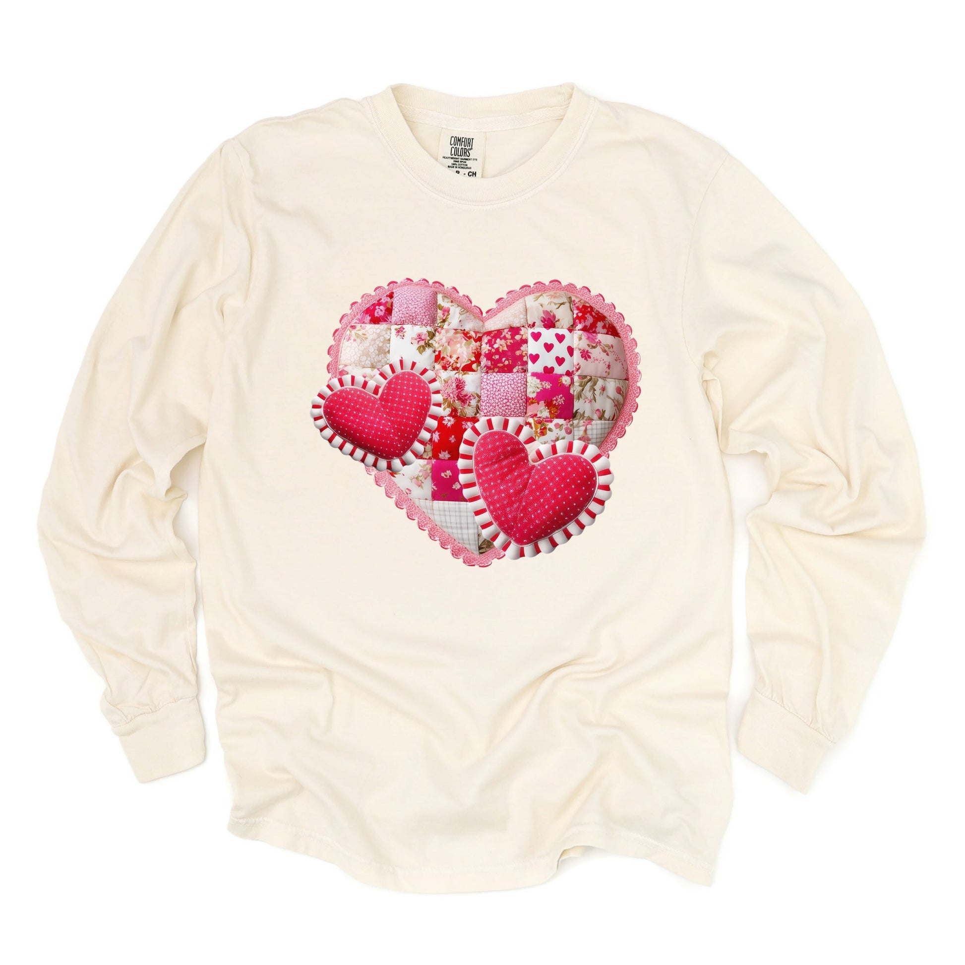 Hearts Patchwork Print - Women's Garment Dyed Long Sleeve Graphic T-Shirt