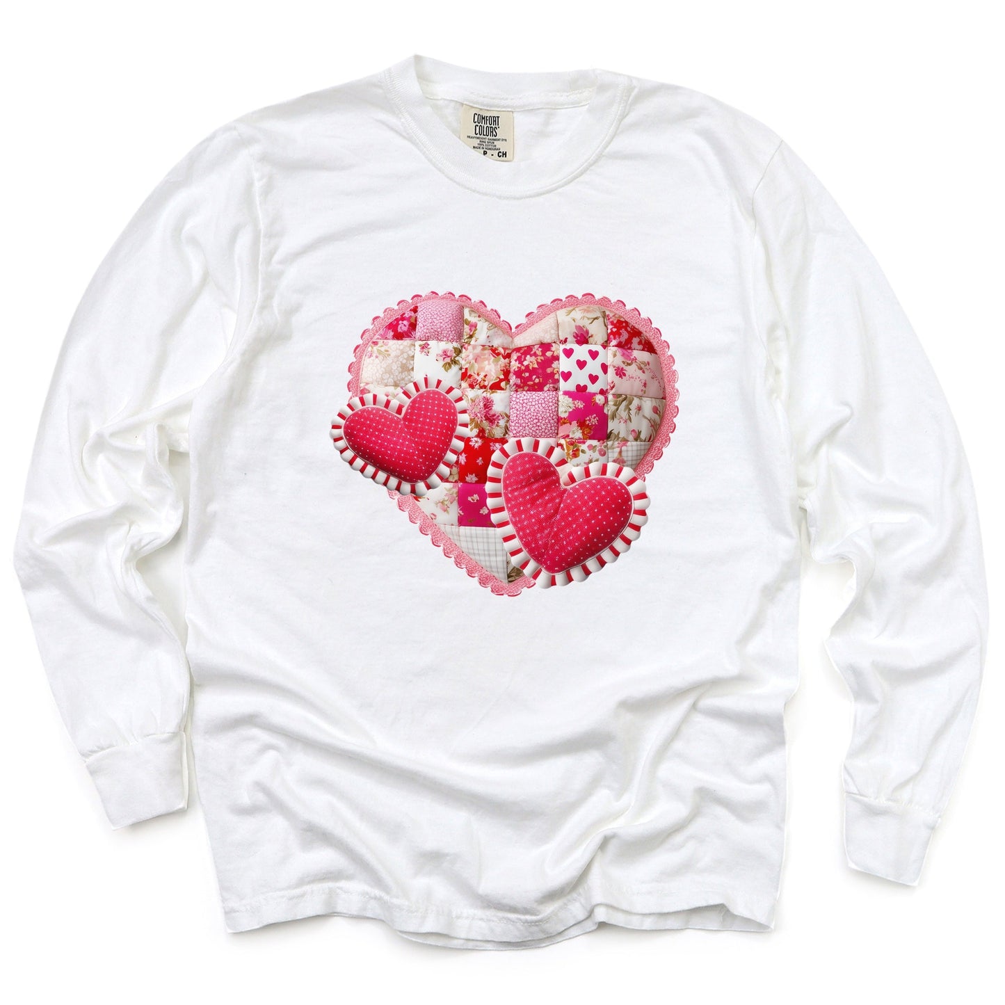 Hearts Patchwork Print - Women's Garment Dyed Long Sleeve Graphic T-Shirt