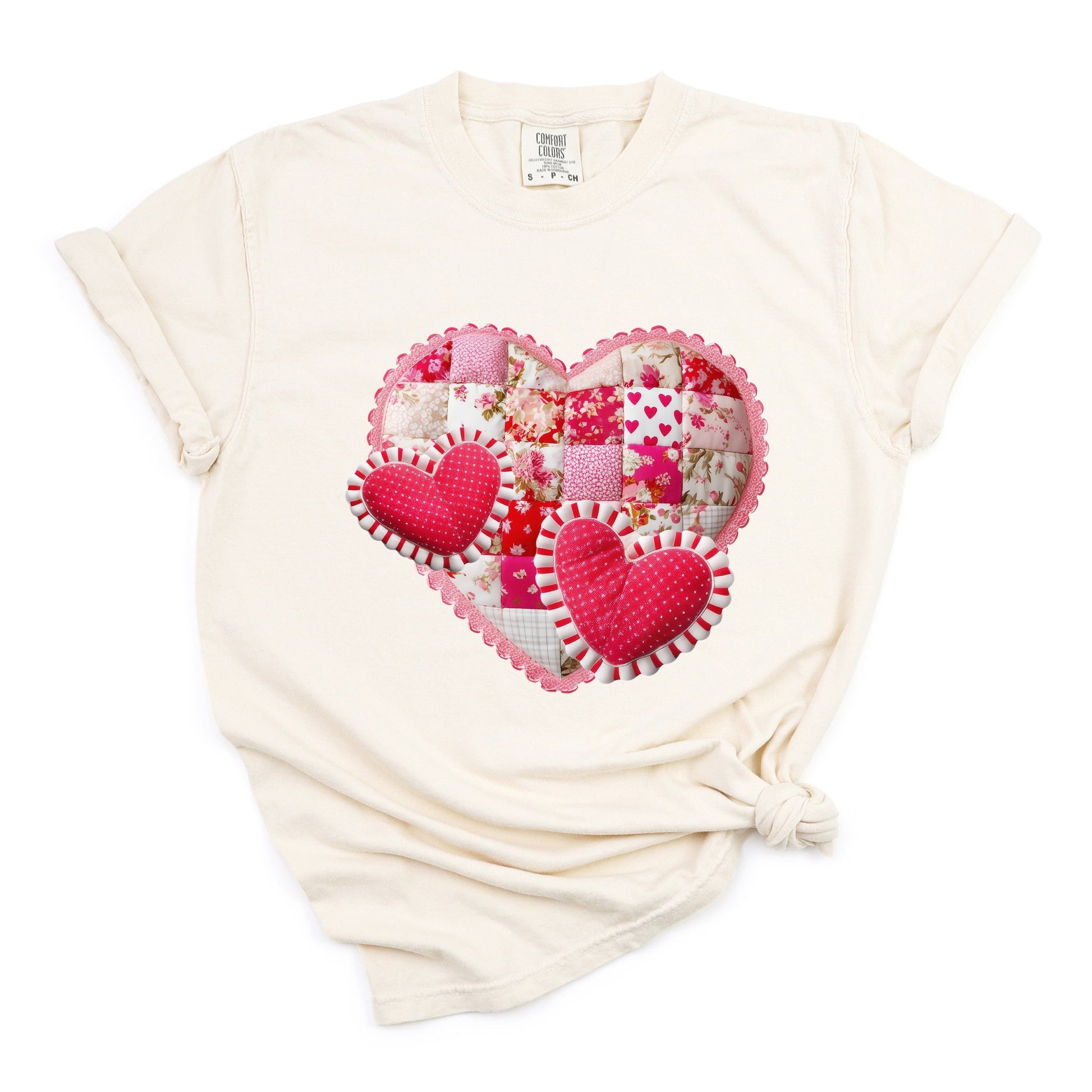 Hearts Patchwork Print - Women's Garment Dyed Graphic T-Shirt