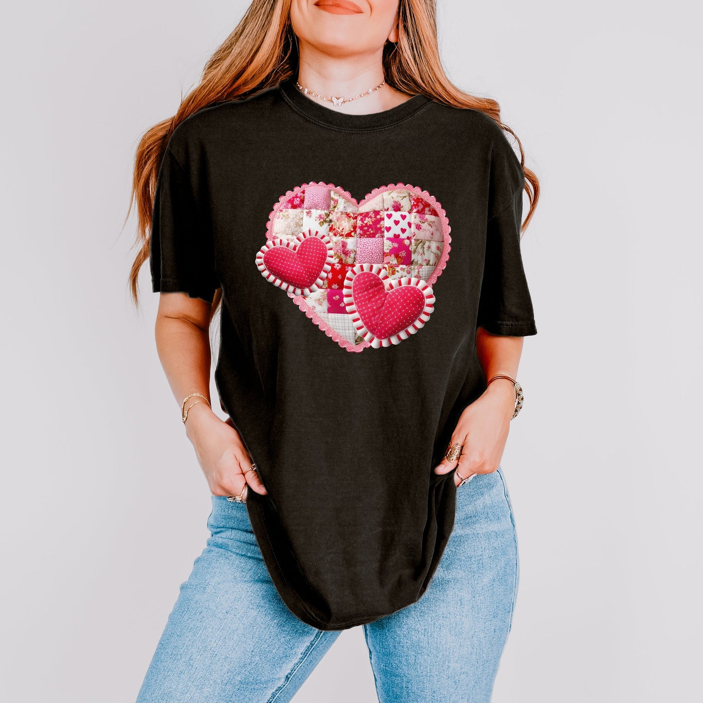 Hearts Patchwork Print - Women's Garment Dyed Graphic T-Shirt