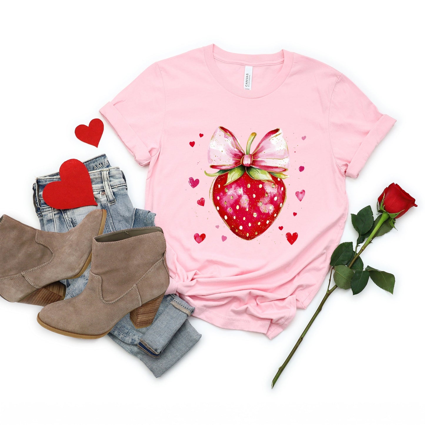 Coquette Strawberry Hearts Watercolor - Women's Short Sleeve Graphic T-Shirt