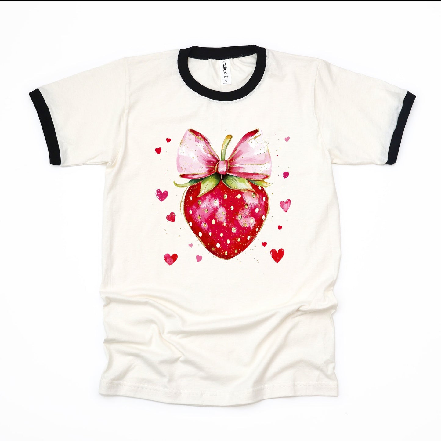 Coquette Strawberry Hearts Watercolor - Women's Ringer Graphic T-Shirt