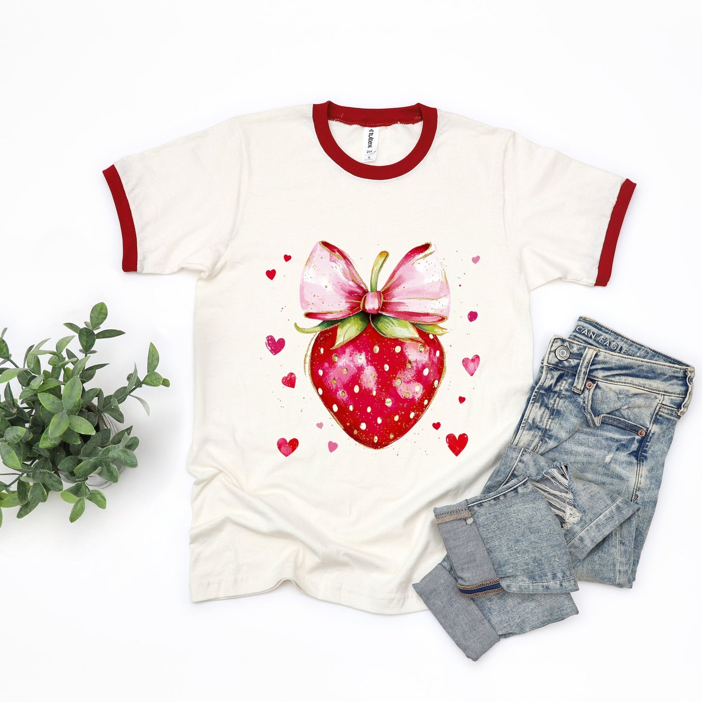 Coquette Strawberry Hearts Watercolor - Women's Ringer Graphic T-Shirt