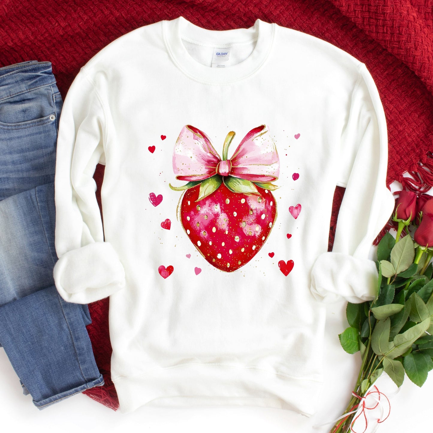 Coquette Strawberry Hearts Watercolor - Women's Graphic Sweatshirt