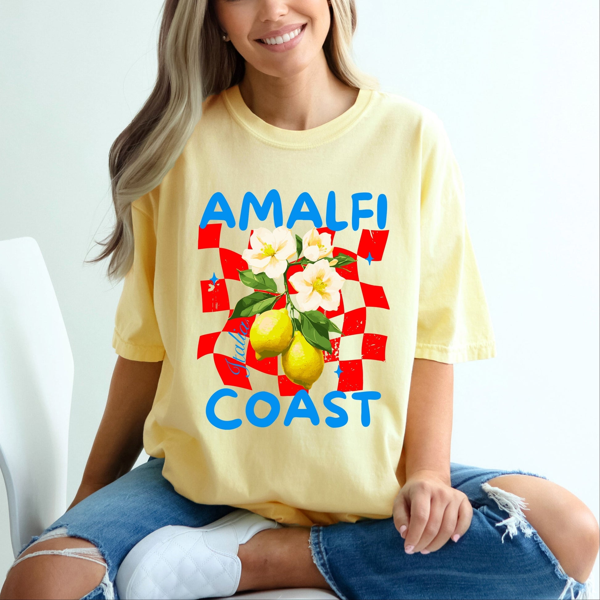 Amalfi Coast Red Checkerboard - Women's Garment Dyed Graphic T-Shirt