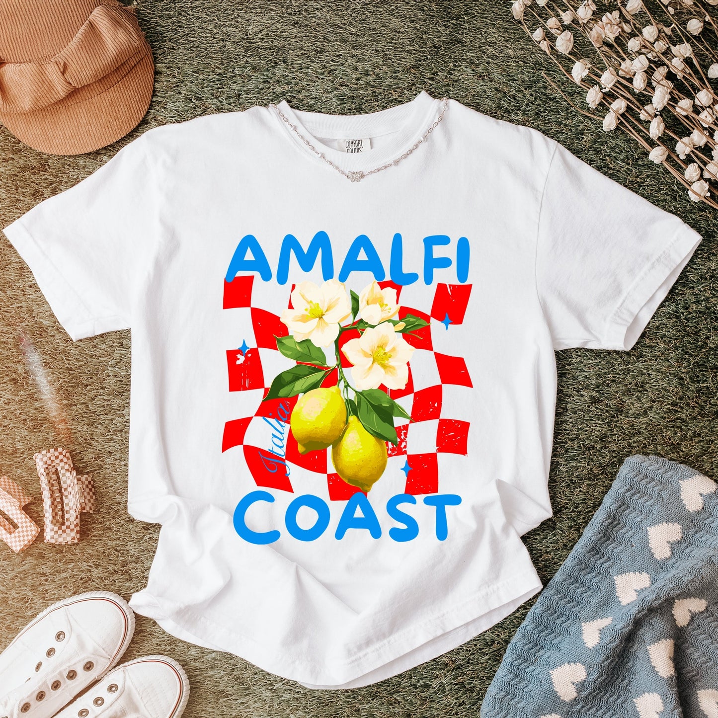 Amalfi Coast Red Checkerboard - Women's Garment Dyed Graphic T-Shirt