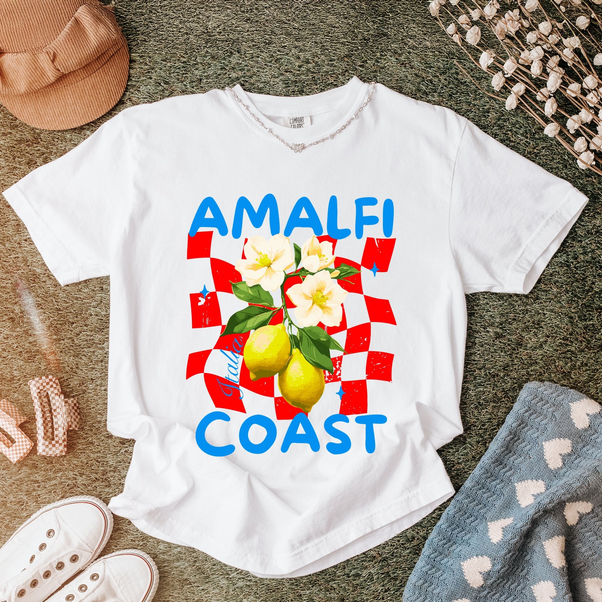 Amalfi Coast Red Checkerboard - Women's Garment Dyed Graphic T-Shirt