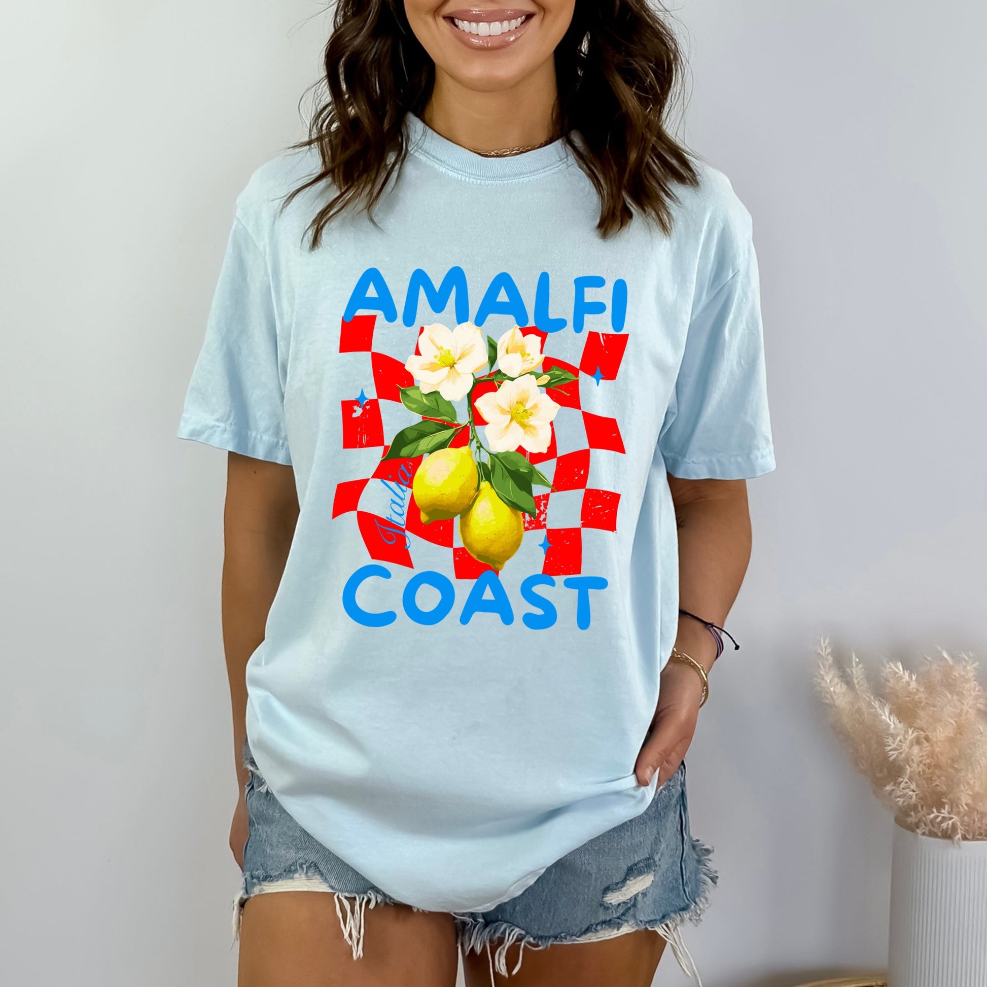 Amalfi Coast Red Checkerboard - Women's Garment Dyed Graphic T-Shirt