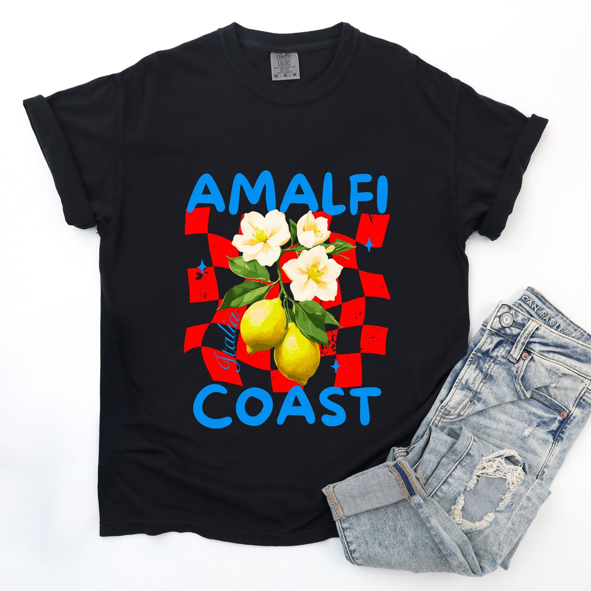 Amalfi Coast Red Checkerboard - Women's Garment Dyed Graphic T-Shirt