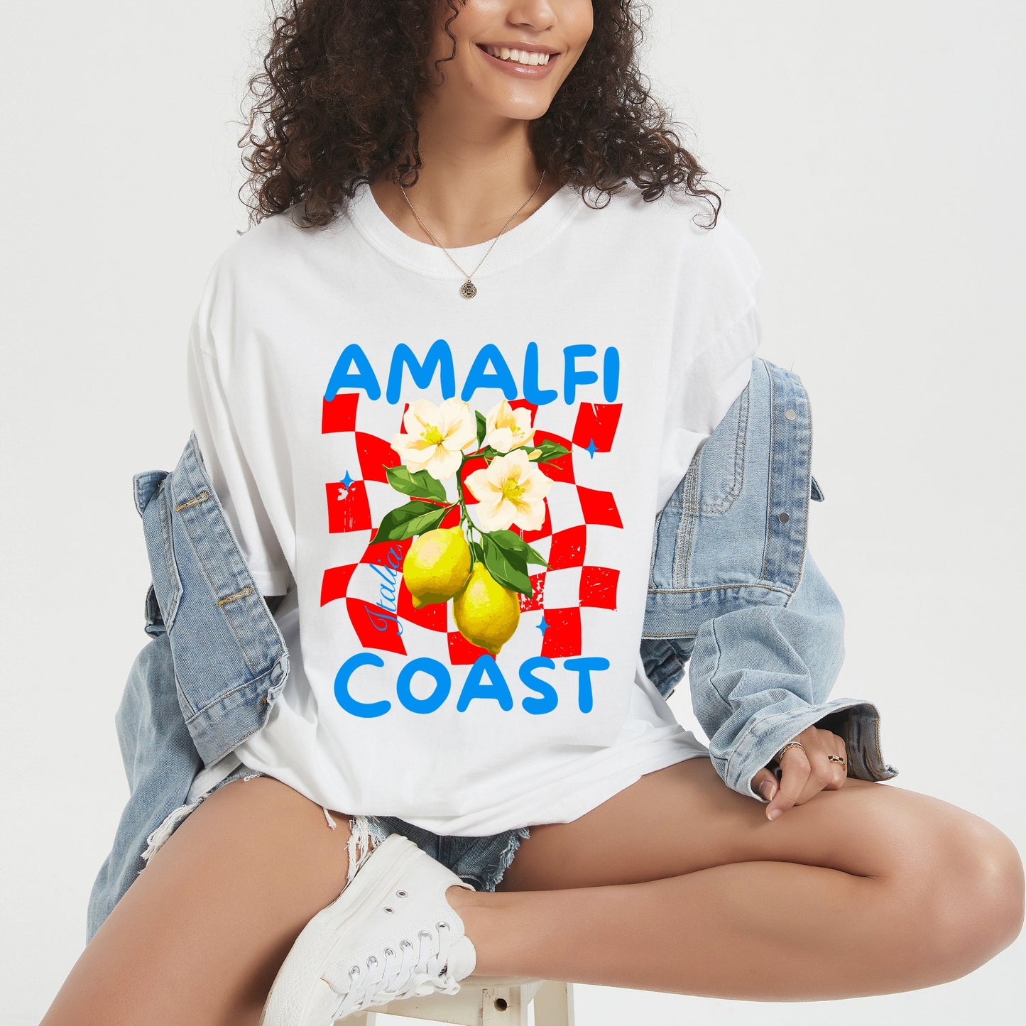 Amalfi Coast Red Checkerboard - Women's Garment Dyed Graphic T-Shirt