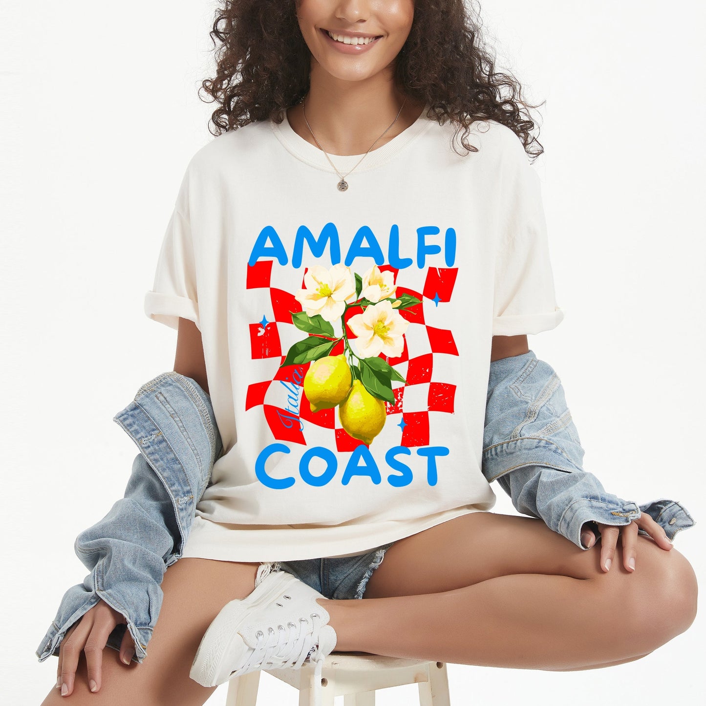 Amalfi Coast Red Checkerboard - Women's Garment Dyed Graphic T-Shirt