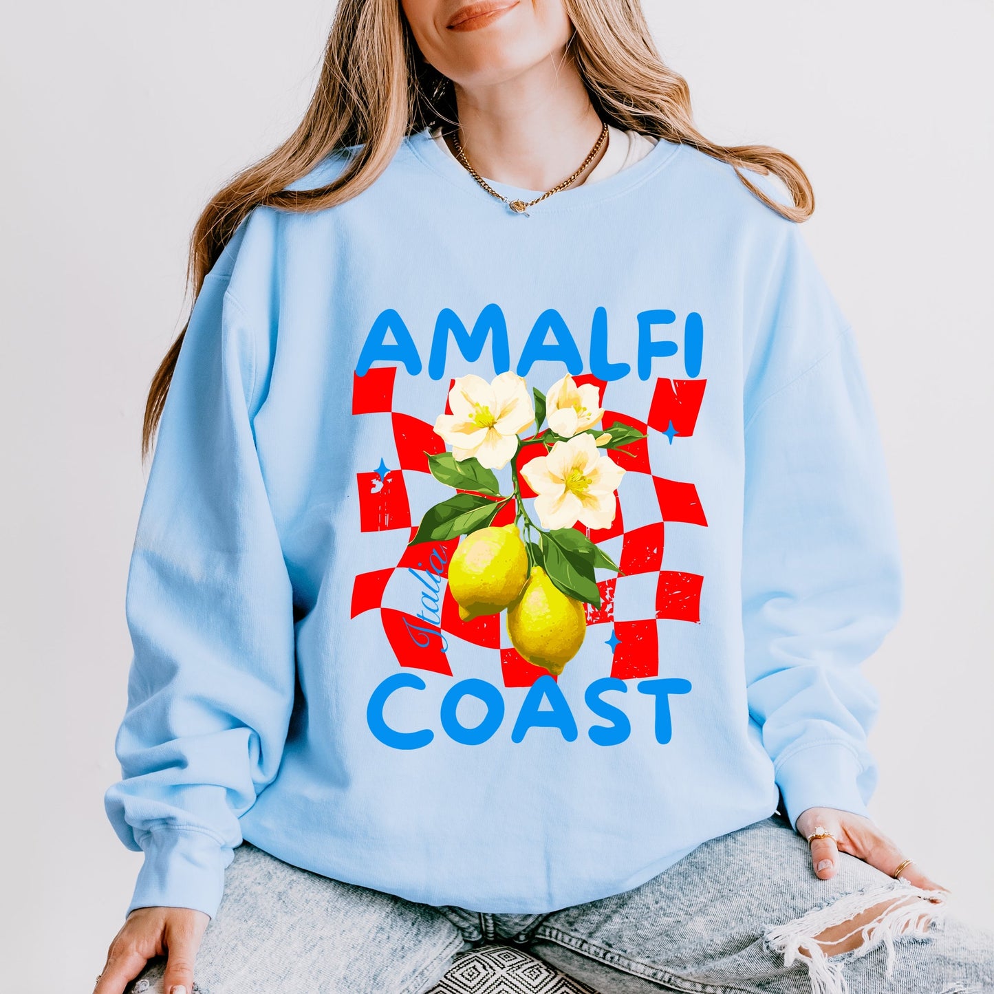 Amalfi Coast Red Checkerboard - Women's Lightweight Garment Dyed Sweatshirt